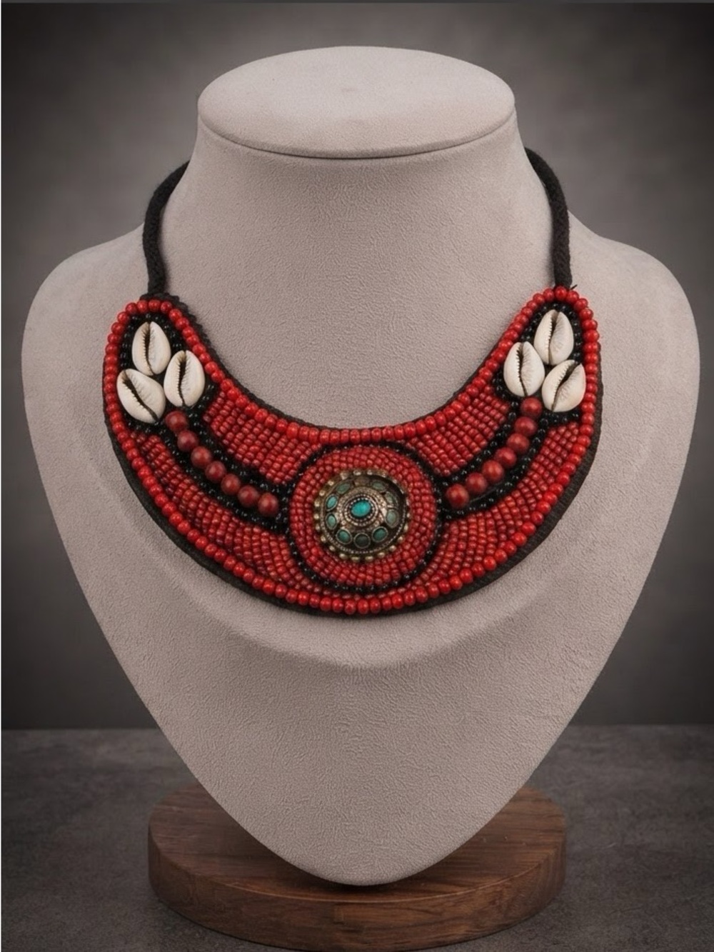 Unique Handmade Tribal Red Seeds & Cowrie
Shell Bib Necklace